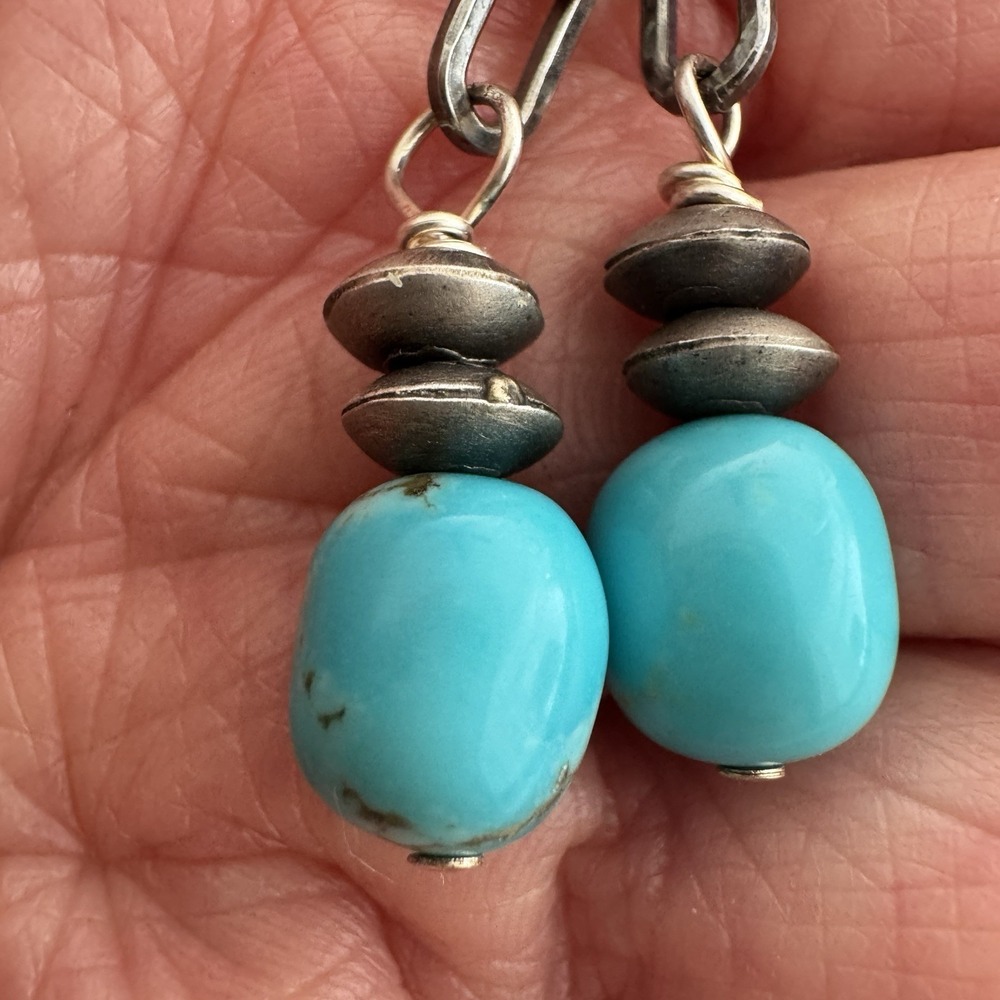Long Navajo Turquoise Earrings 3.25in Sterling 925 Dangle Navajo Matte Chain - Picture 9 of 9
